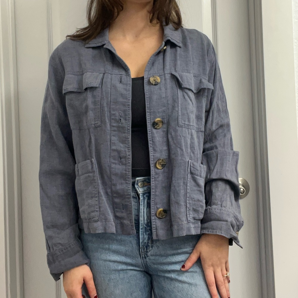 Nicole Miller Slate Gray Linen Utility Button Jacket